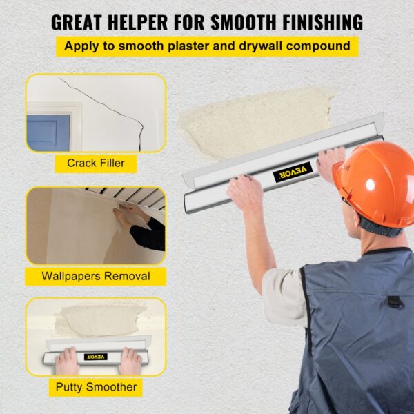 worker using VEVOR skimming blade for crack filling, wallpaper removal, and putty smoothing.