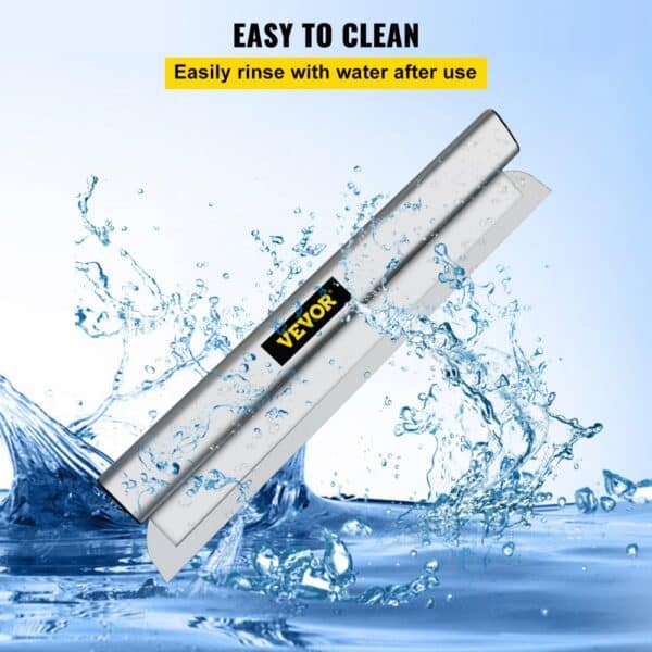 VEVOR skimming blade splashed with water and labeled "easy to clean, rinse with water after use".