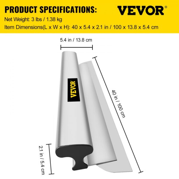 VEVOR skimming blade, 40 x 5.4 x 2.1 in dimensions, 3 lbs weight, silver with a black handle.