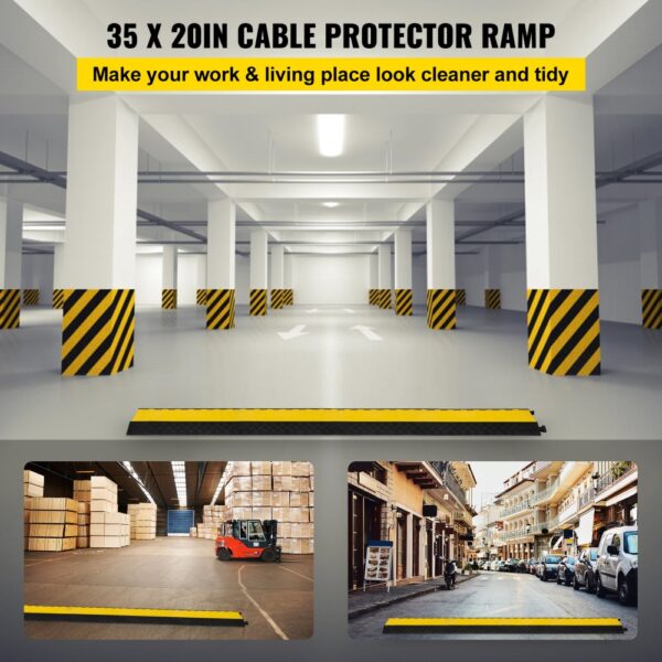 VEVOR 5 channel cable protectors in a parking garage and industrial settings.