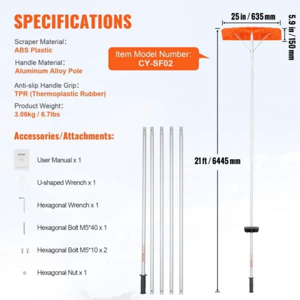 VEVOR snow roof rake specifications: abs plastic scraper, aluminum alloy pole, 21ft handle, tpr grip.