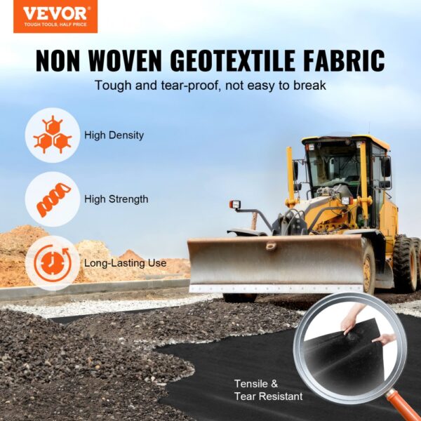 VEVOR geotextile fabric, high density, high strength, long-lasting use, with a bulldozer in action.