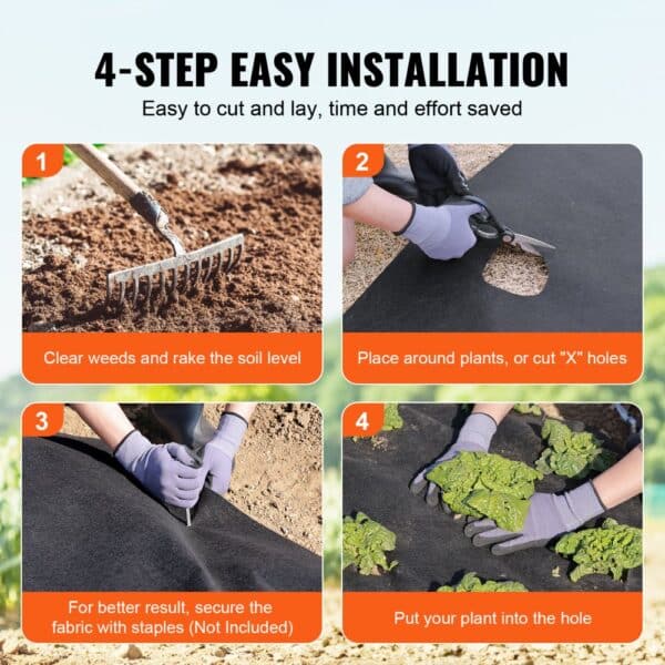 4-step guide for installing VEVOR geotextile fabric: clear weeds, cut fabric, secure with staples, plant.