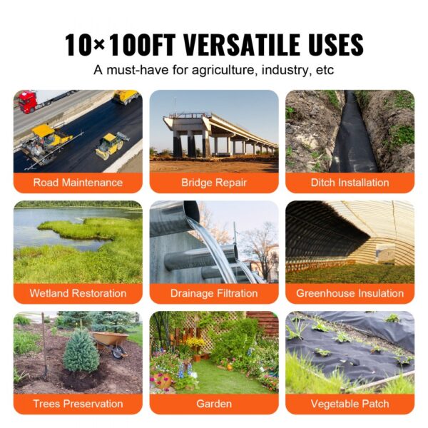 VEVOR geotextile fabric uses: road maintenance, bridge repair, ditch installation, garden, and more.