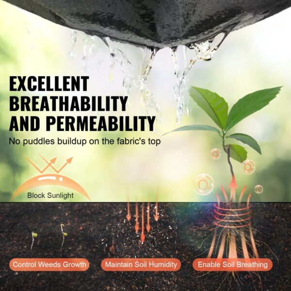 VEVOR geotextile fabric promotes excellent breathability, permeability, controls weeds growth, and maintains soil humidity.