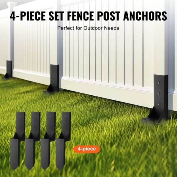 VEVOR fence post anchor kit in black, 4-piece set securing white vinyl fence on lush green grass.