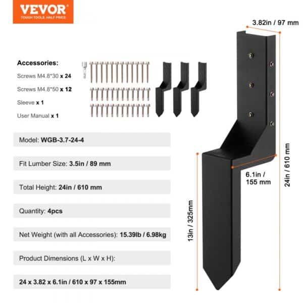 m4 screws, sleeve, and user manual with the VEVOR fence post anchor kit. dimensions and weight details included.