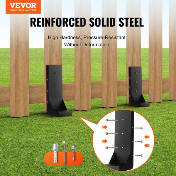 VEVOR fence post anchor repair kit securing wooden fence with detailed assembly illustration on grass.