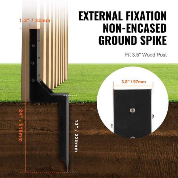 VEVOR fence post anchor repair kit showcasing ground spike fixation for 3.5" wood post, with measurements.