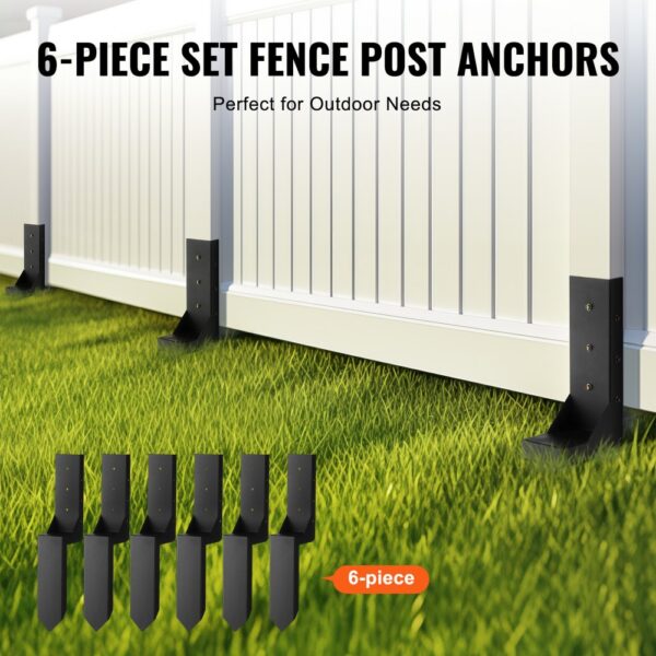 6-piece VEVOR fence post anchor repair kit securing a white vinyl fence above lush green grass.