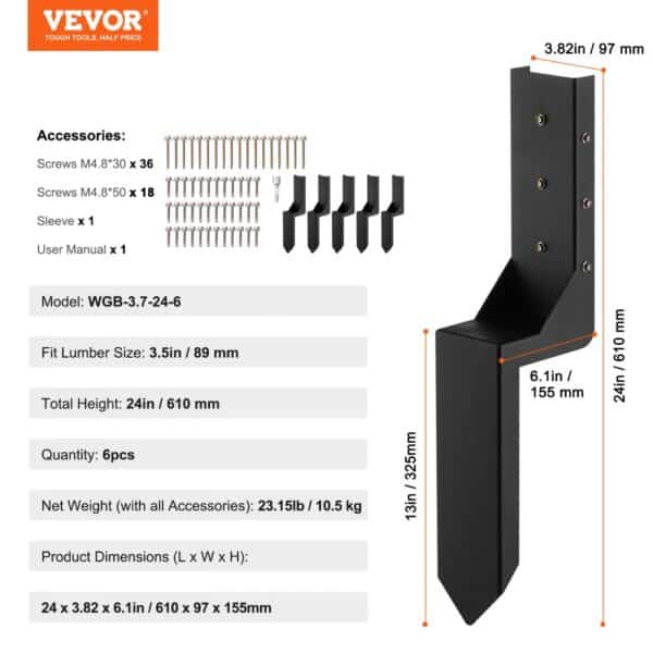 VEVOR fence post anchor repair kit displaying screws, anchor specs, and dimensions for sturdy installation.