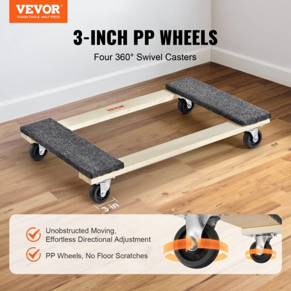 VEVOR furniture dolly with 3-inch pp wheels and 360° swivel casters for easy moving on hardwood floors.