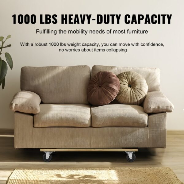 VEVOR furniture dolly under beige sofa with round pillows, showcasing 1000 lbs heavy-duty capacity.