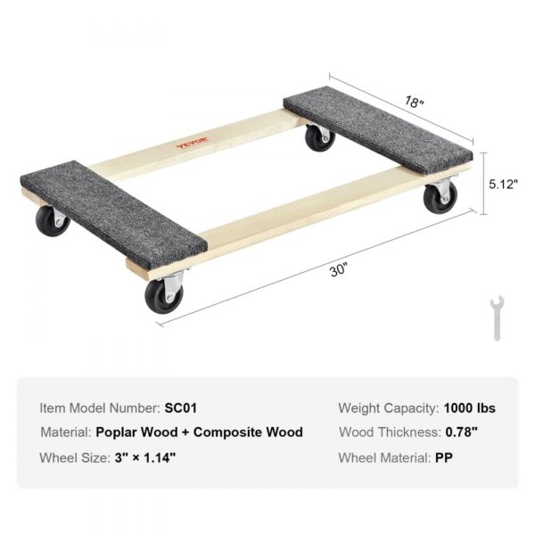 VEVOR furniture dolly with gray pads, four wheels, and 1000 lbs capacity.