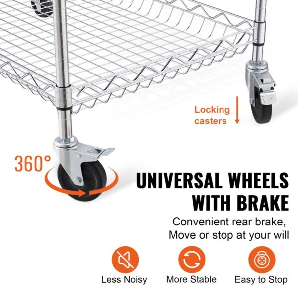 VEVOR Kitchen Utility Cart, 3 Tiers, Wire Rolling Cart with 661LBS Capacity, Steel Service Cart on Wheels, Metal Storage Trolley with 80mm Deep Basket Curved Handle 6 Hooks, for Indoor and Outdoor Use