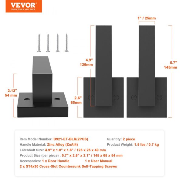 VEVOR dummy door lever display with dimensions, screws, and included accessories in black zinc alloy.