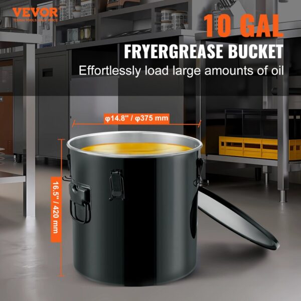 black 10-gallon VEVOR fryer grease bucket in a commercial kitchen with handles and open lid.