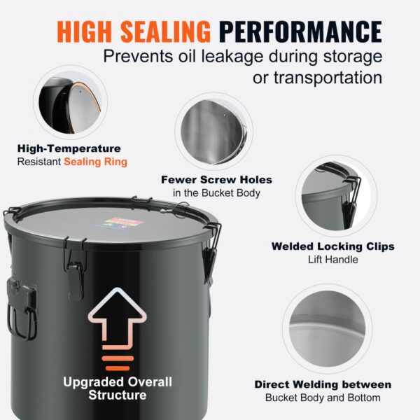 VEVOR fryer grease bucket with high sealing performance, welded locking clips, and resistant sealing ring.