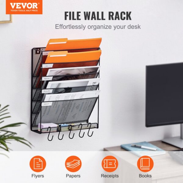 VEVOR File Wall Rack Mesh Wall File Holder 1-Piece 6 Pockets for Office/School