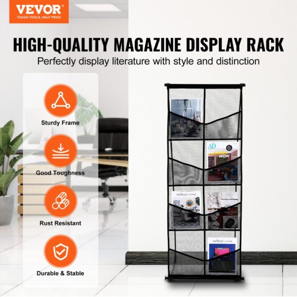 VEVOR brochure display stand with sturdy frame, good toughness, rust resistance, and stability features.