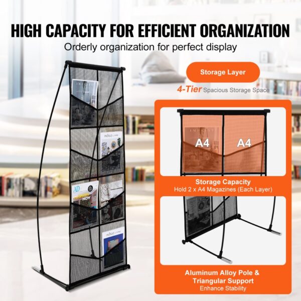 VEVOR brochure display stand with 4-tier storage holding a4 magazines, featuring aluminum alloy pole for stability.