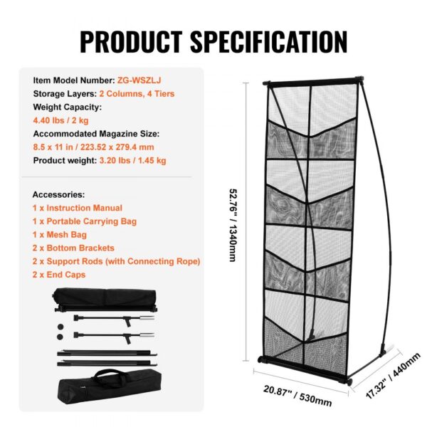 VEVOR brochure display stand with 4 tiers, dimensions 52.76"h x 20.87"w x 17.32"d, includes accessories.