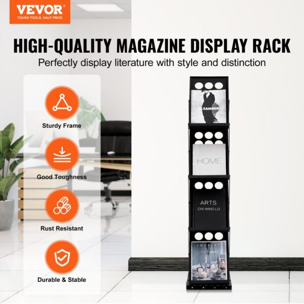 VEVOR magazine display rack in an office, showcasing sturdy frame, good toughness, rust-resistant, durable.