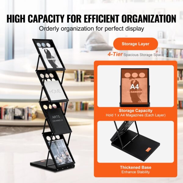 VEVOR magazine display rack with 4-tier storage, high capacity, and thickened base for stability.