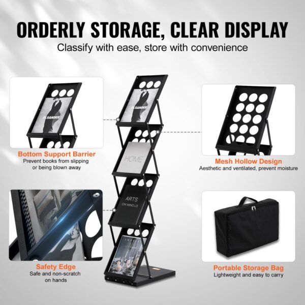 VEVOR magazine display rack with bottom support barrier, mesh hollow design, safety edge, and portable bag.