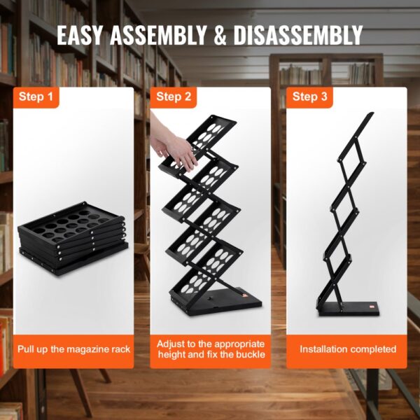 VEVOR magazine display rack easy assembly steps displayed in a library setting, showcasing its versatility.