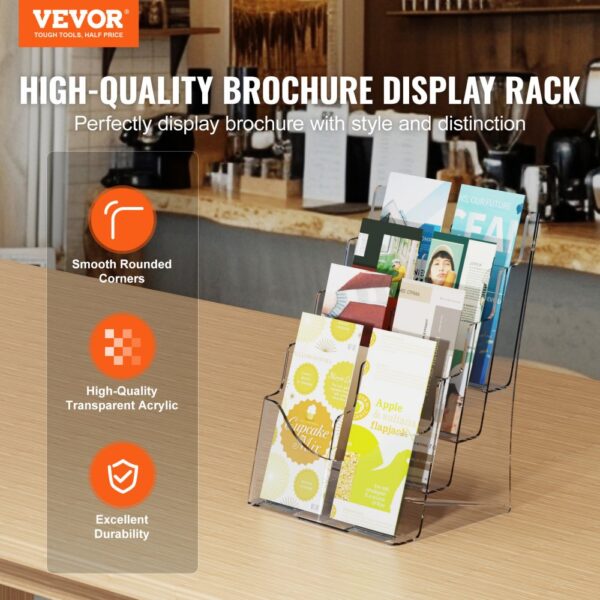 VEVOR acrylic brochure holder with smooth rounded corners, sturdy transparent acrylic, and excellent durability.