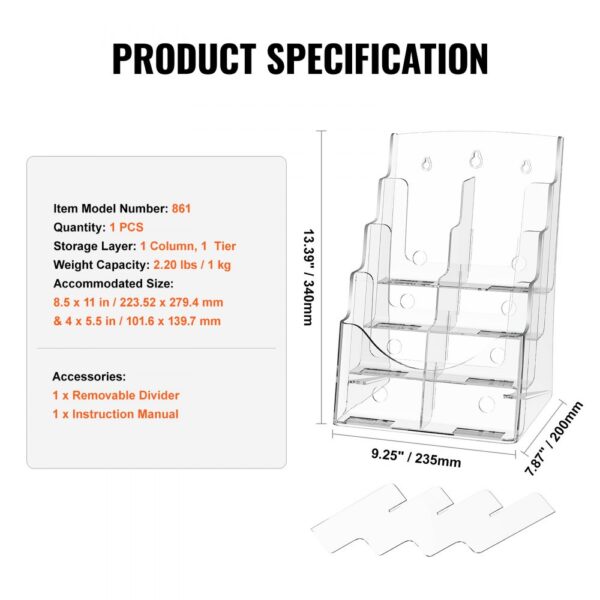 VEVOR acrylic brochure holder with one column, one tier, measures 13.39" x 9.25" x 7.87".