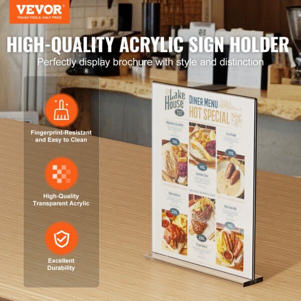 VEVOR acrylic sign holder displaying a diner menu on a wooden counter, highlighting durability and clarity.