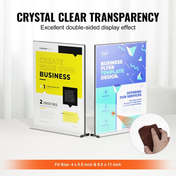 VEVOR acrylic sign holder with double-sided transparency, displaying business flyers, easy wipe-clean.