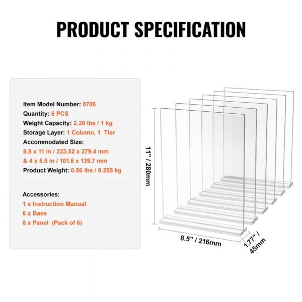 VEVOR acrylic sign holder specifications: 6 pcs, 1 kg, 11"x8.5"x1.77", instruction manual, bases, panels.