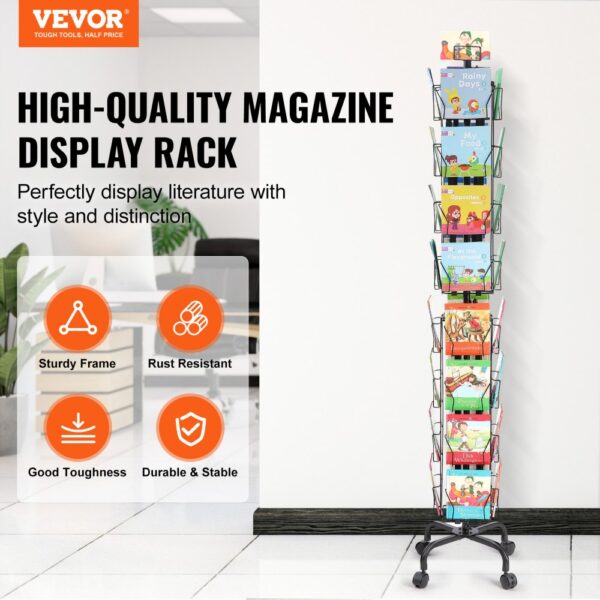 VEVOR greeting cards display rack with sturdy frame and rust resistance, showcasing colorful cards.