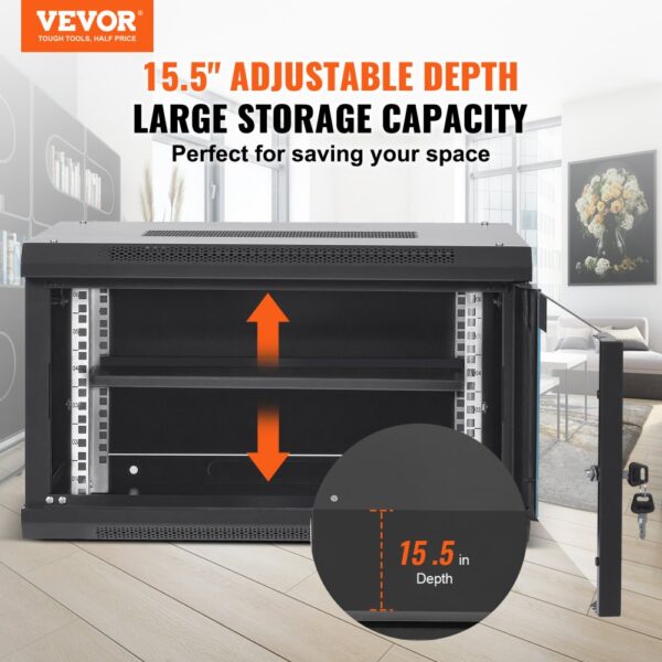 VEVOR wall mount server cabinet with 15.5" adjustable depth and large storage capacity for space-saving.