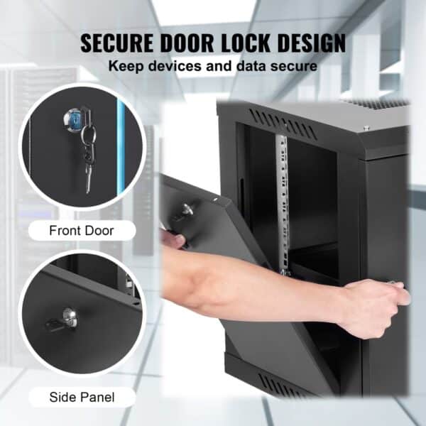 VEVOR wall mount server cabinet with secure door lock design, showing front door and side panel locks.