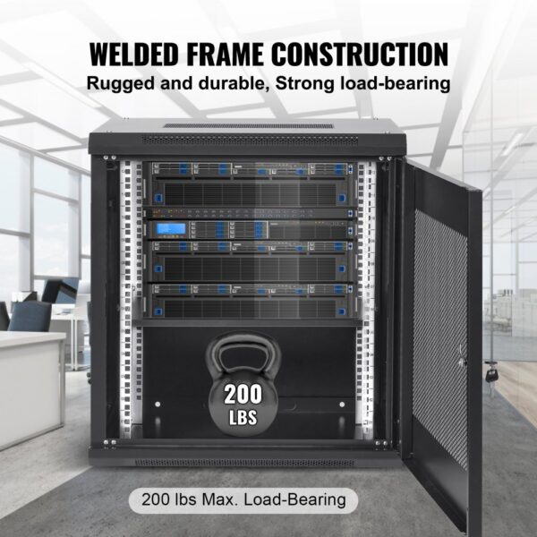 VEVOR 12u wall mount server cabinet showcasing welded frame construction with 200 lbs load-bearing.