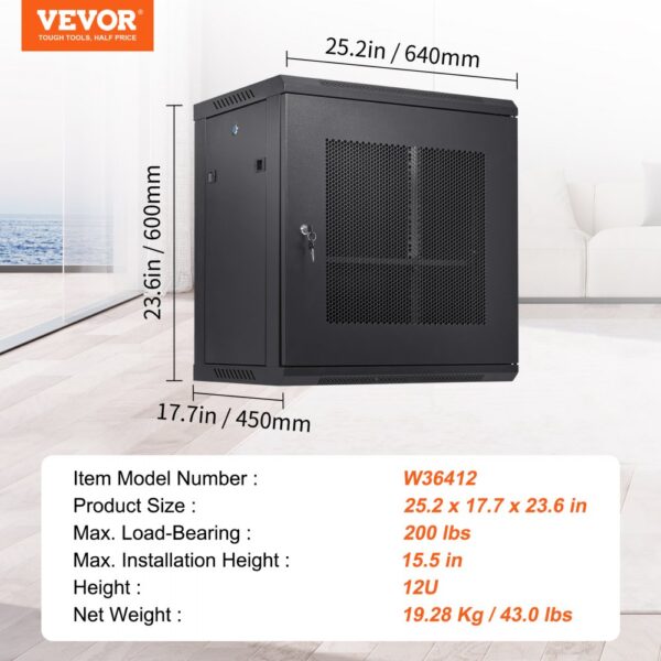 VEVOR 12u wall mount server cabinet with dimensions and specifications displayed prominently.