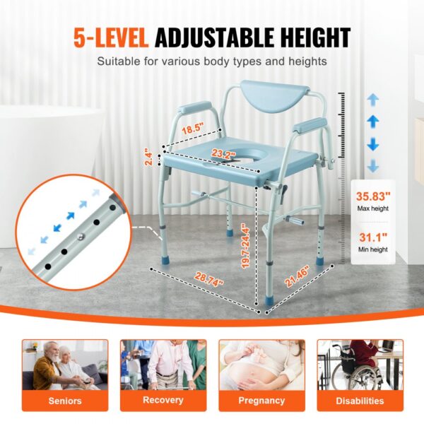 5-level adjustable VEVOR commode chair with height range of 31.1"-35.83", suitable for various needs.