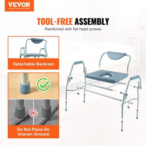 VEVOR commode chair with detachable backrest, flat head screws, and non-slip rubber feet.