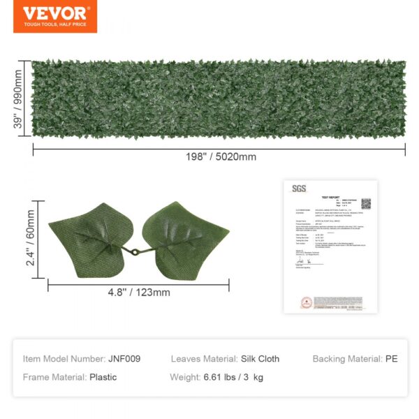 VEVOR artificial ivy privacy fence, silk cloth leaves, plastic frame, 198"x39", 6.61 lbs.