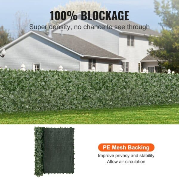 house with VEVOR ivy privacy fence offering 100% blockage, dense foliage, and pe mesh backing for stability.