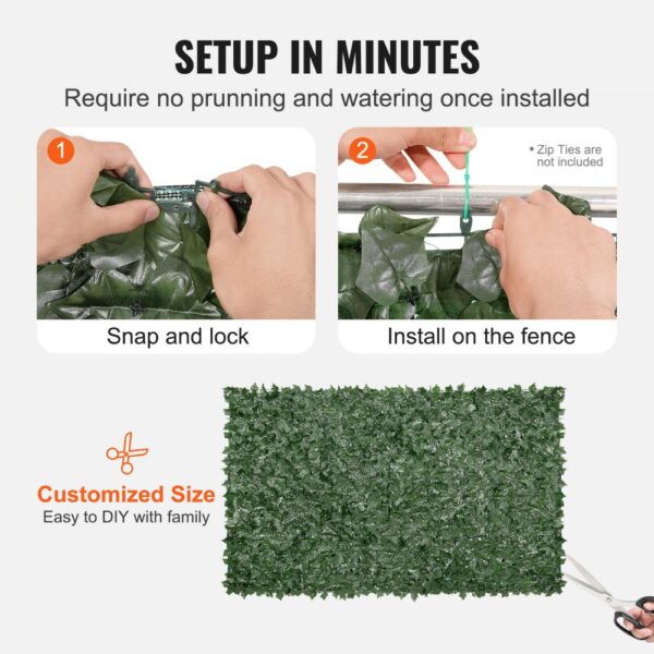 setup instructions for VEVOR ivy privacy fence with snap and lock feature; easy diy customization.