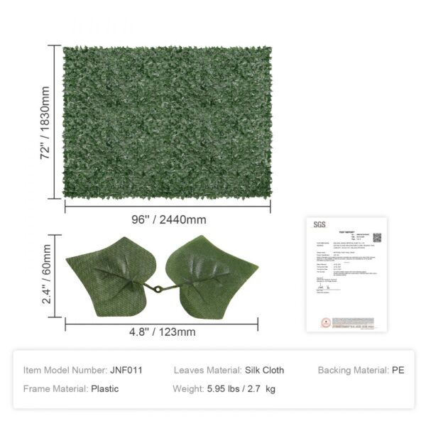 VEVOR ivy privacy fence, 96"x72", with measurements, silk cloth leaves, and plastic frame detail.