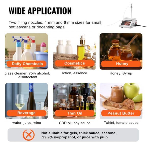 VEVOR Liquid Filling Machine, 5-50 g Weighing Capacity, Automatic Bottle Filler Machine, Bottling Machine Peristaltic Pump Digital Control for Milk, Water, Wine, Beverage, Soy Sauce (Single Nozzle)