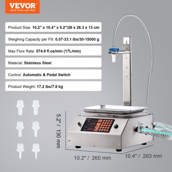 VEVOR Liquid Filling Machine, 30-15000 g Weighing Capacity, Automatic Bottle Filler Machine Bottling Machine Digital Control for Milk, Water, Oil, Wine, Beverage, Detergent, Shampoo (Single Nozzle)