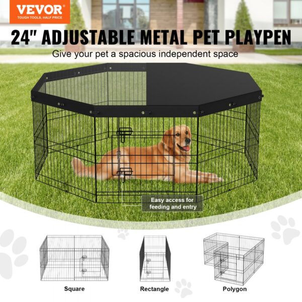 VEVOR dog playpen: 24" adjustable metal playpen with a golden retriever laying inside on green grass.