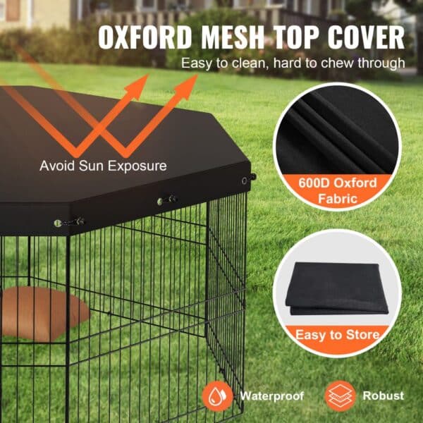 VEVOR dog playpen with waterproof 600d oxford fabric mesh top cover, easy to clean and store.